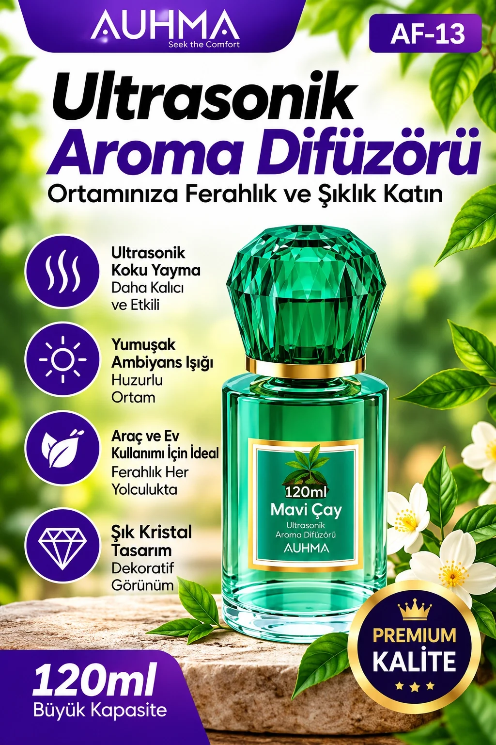 Ultrasonik Aroma Difüzörü 120 ML Mavi Çay Kokulu LED Işıklı Araç ve Oda Kokusu görsel 3