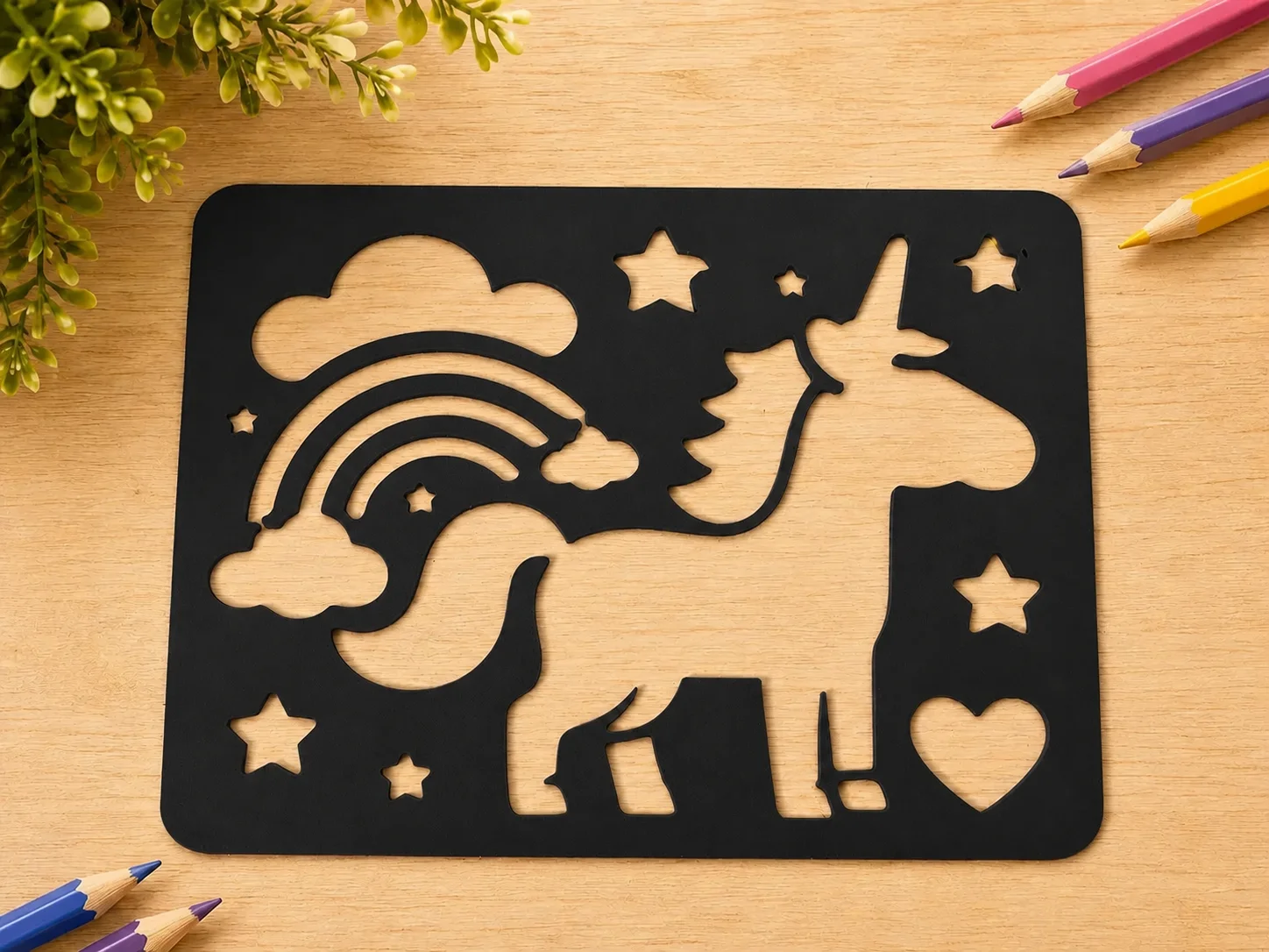 3D Baskı Unicorn ve Gökkuşağı Çizim Şablonu - Desen Kalıbı - Siyah
