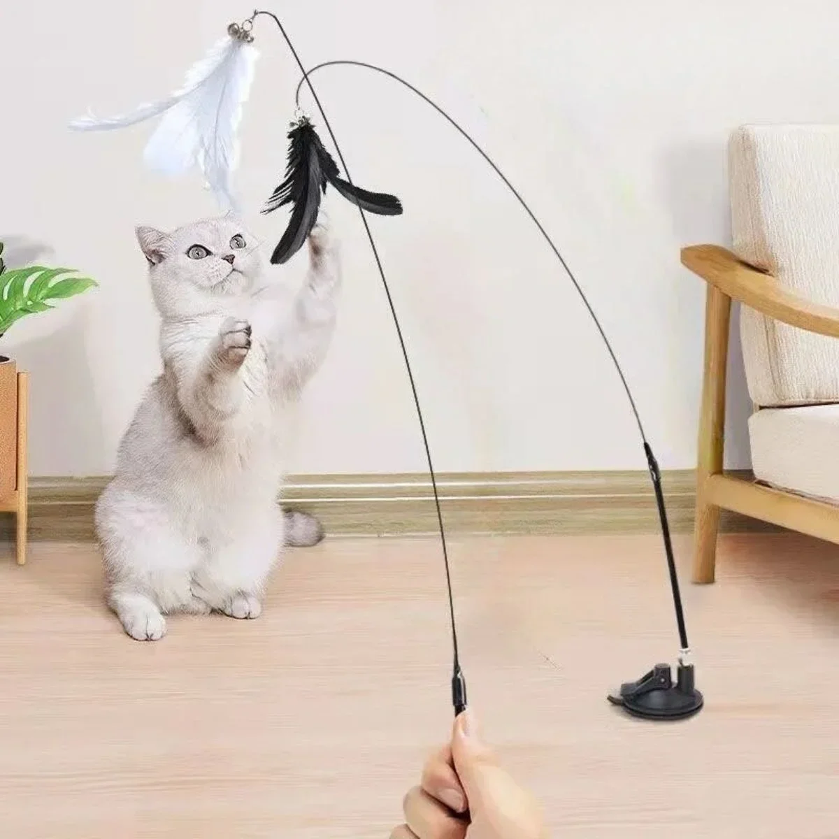 Vantuzlu Tüylü Zilli Olta Kedi Oyuncağı 2 Oltalı görsel 3