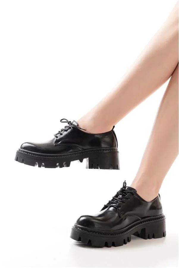 Kadın Rugan Loafer Ayakkabı Ayakkabı Bağcıklı Tabanlı Yüksek Casual Günlük görsel 5
