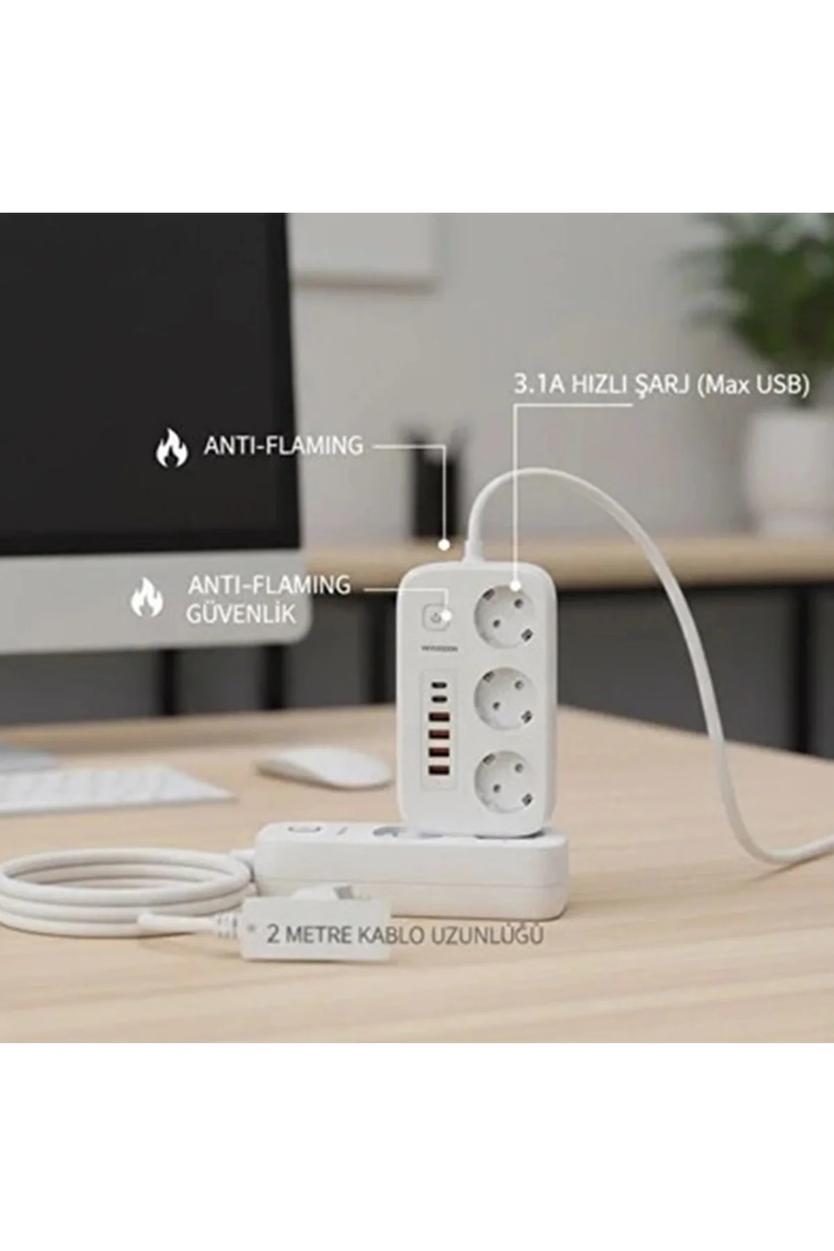 Akım Korumalı Priz ve Masaüstü Şarj İstasyonu Kablosuz 3 Priz,4 USB, 2 Type-C Girişli 2 Metre görsel 2