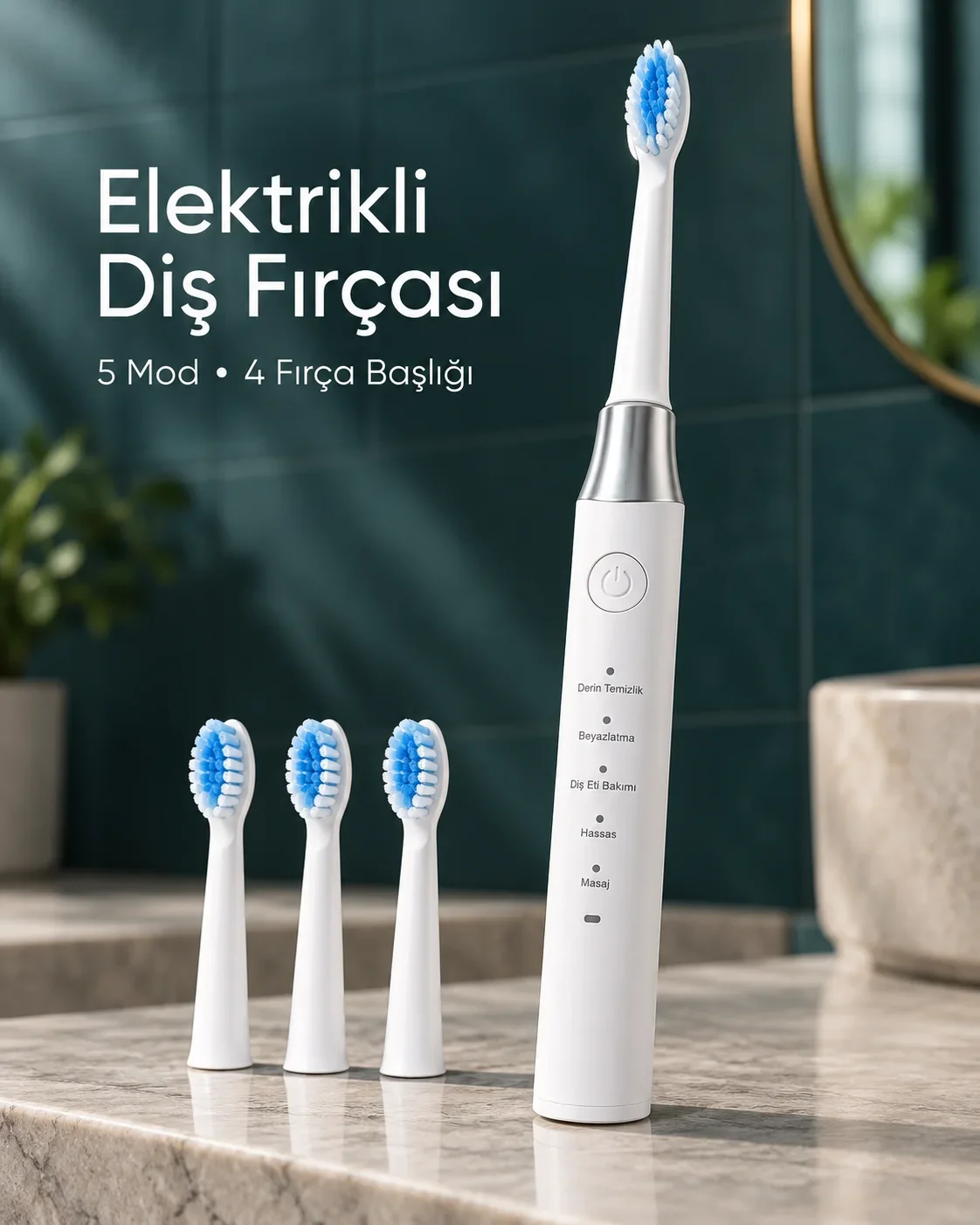 Değiştirilebilir Başlıklı Beyaz Elektrikli Diş Fırçası 5 Mod ve 3 Yedek Başlık
