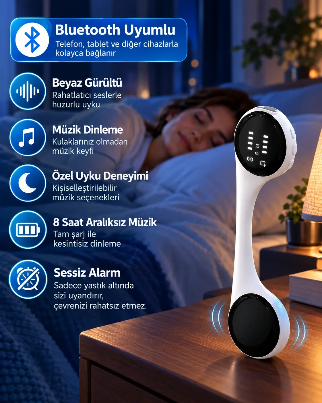 Sessiz Alarm Özellikli Bluetooth Hoparlör Yastık Altı Uyku Cihazı Doğal Ses ve 8 Saat Kesintisiz Müzik