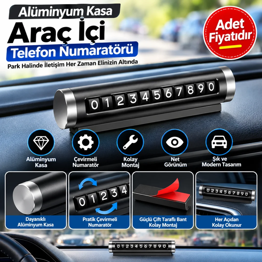 Alüminyum Kasa Siyah Renk Çevirmeli Araç Içi Telefon Numaratörü Park Oto Numaratörü (adet fiyatıdır)