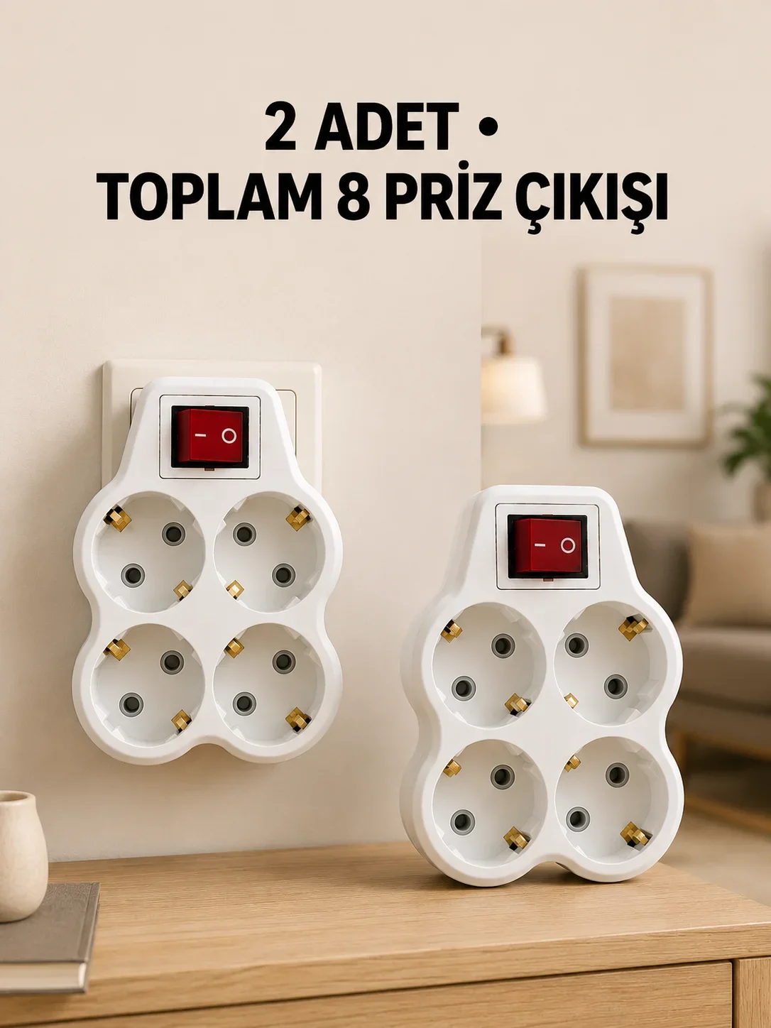 4’lü Priz Çoğaltıcı 2 Adet Set Kablosuz Duvar Tipi Anahtarlı Priz Çoklayıcı