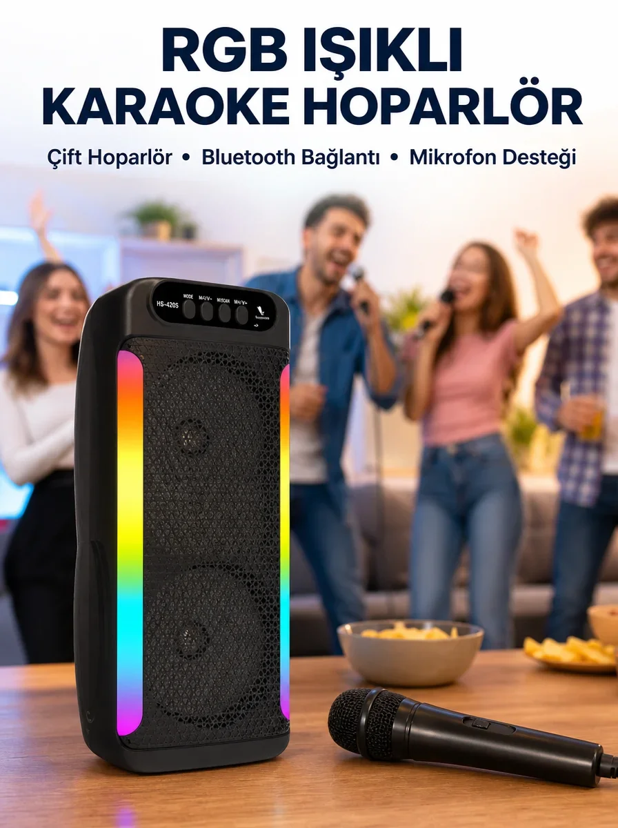 RGB Işıklı Çift Hoparlörlü Taşınabilir Bluetooth Speaker ve krofon Yeni Nesil