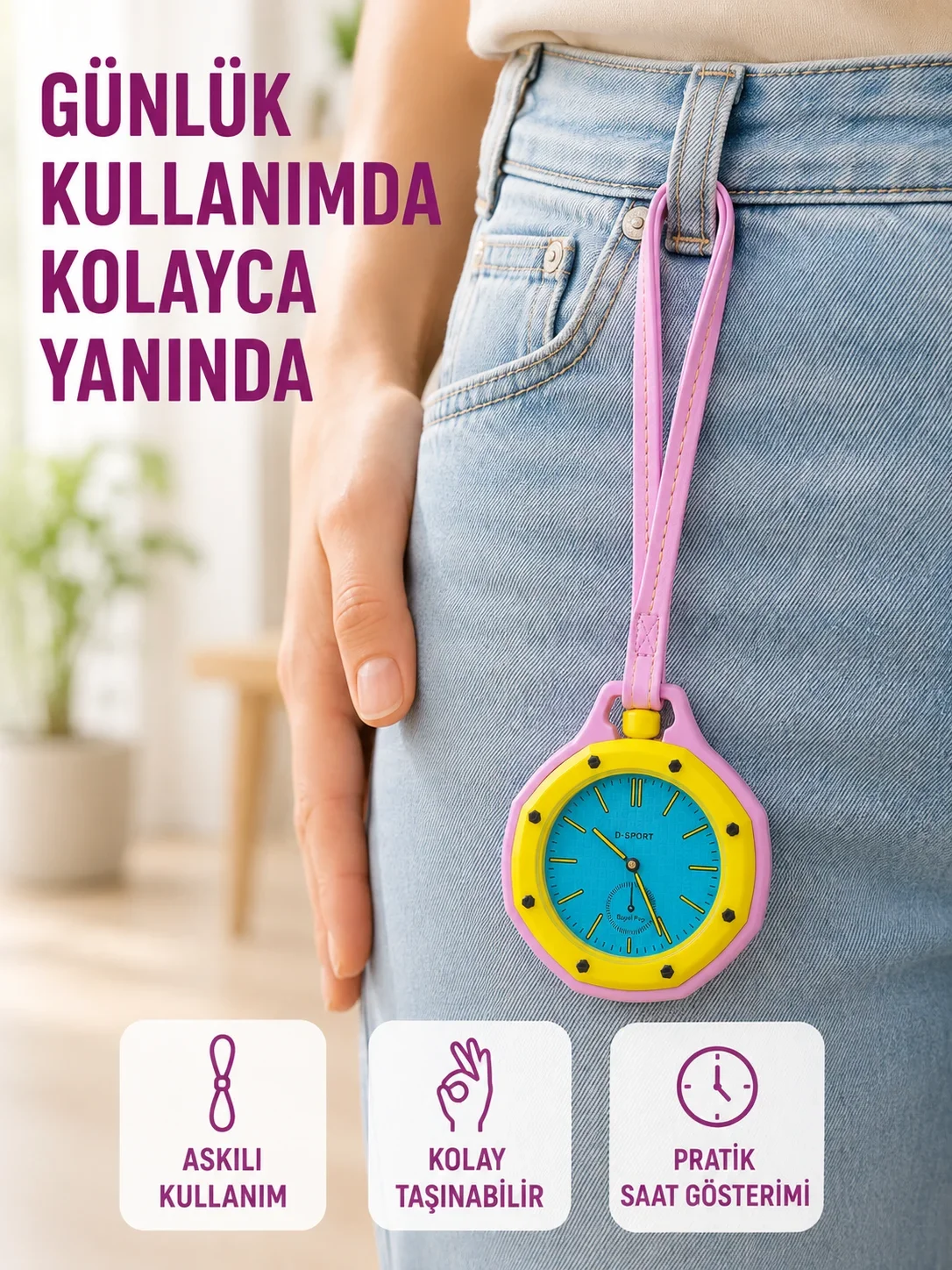 Askılı og Taşınabilir Saat Çanta Charmı Günlük Aksesuar Pembe