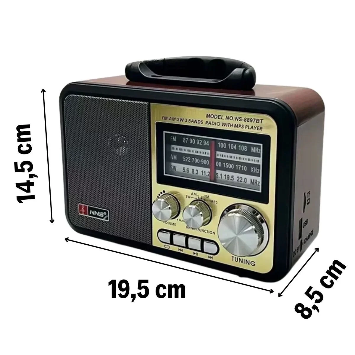 Orta Boy Retro, Nostaljik, Ahşap Tasarım Bluetooth Hoparlörlü, Şarjlı, Taşınabilir FM/AM Destekli Radyo NS-8897 görsel 4