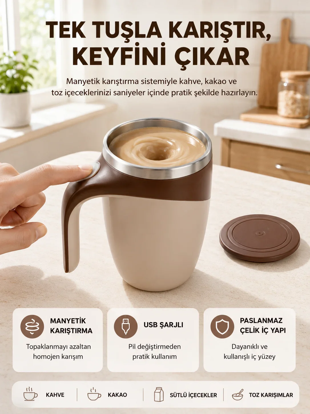 Manyetik Karıştırıcı Kupa USB Şarjlı Otomatik Karıştırma Çift Katmanlı