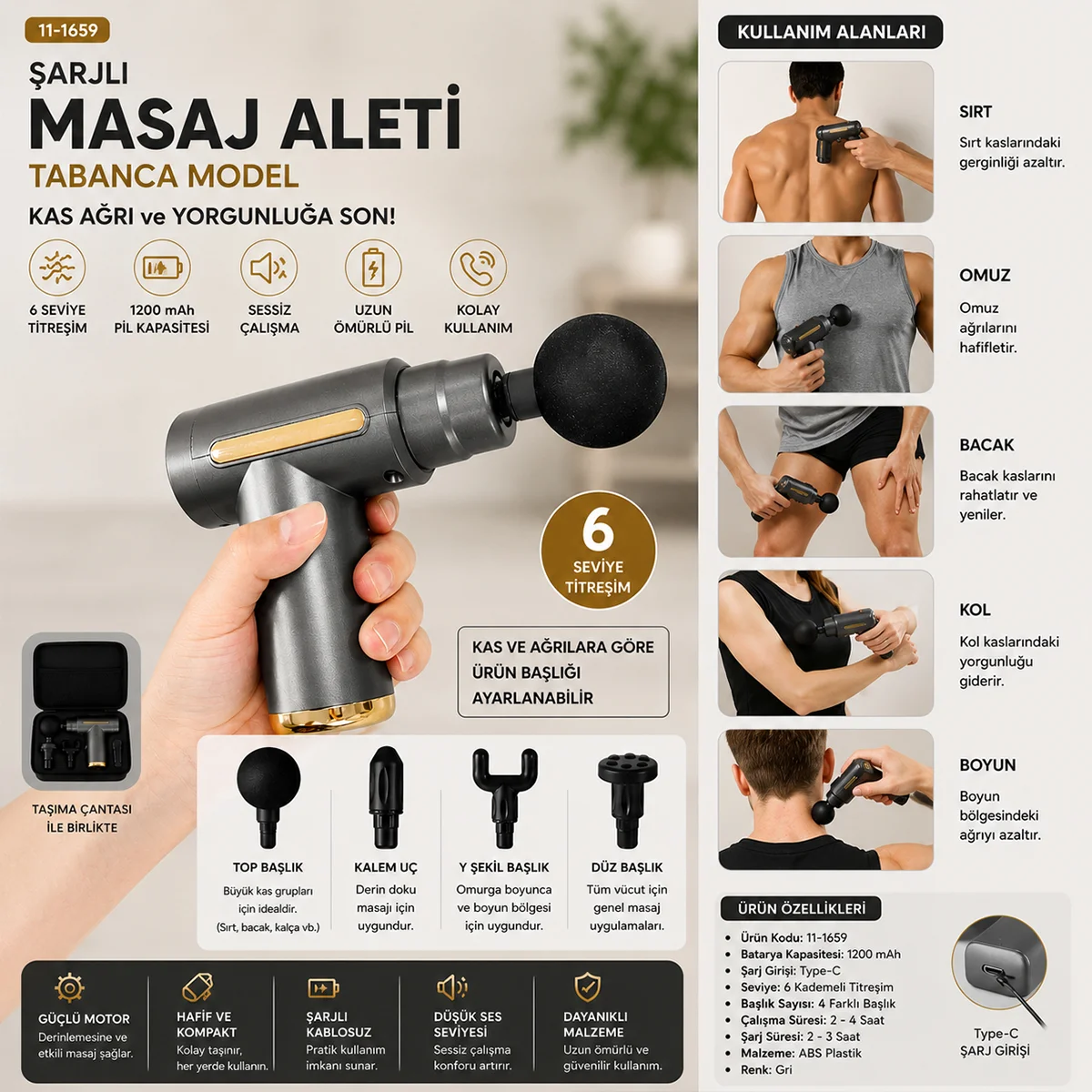 Şarjlı Masaj Tabancası - 6 Kademe Kas Masaj Aleti görsel 3