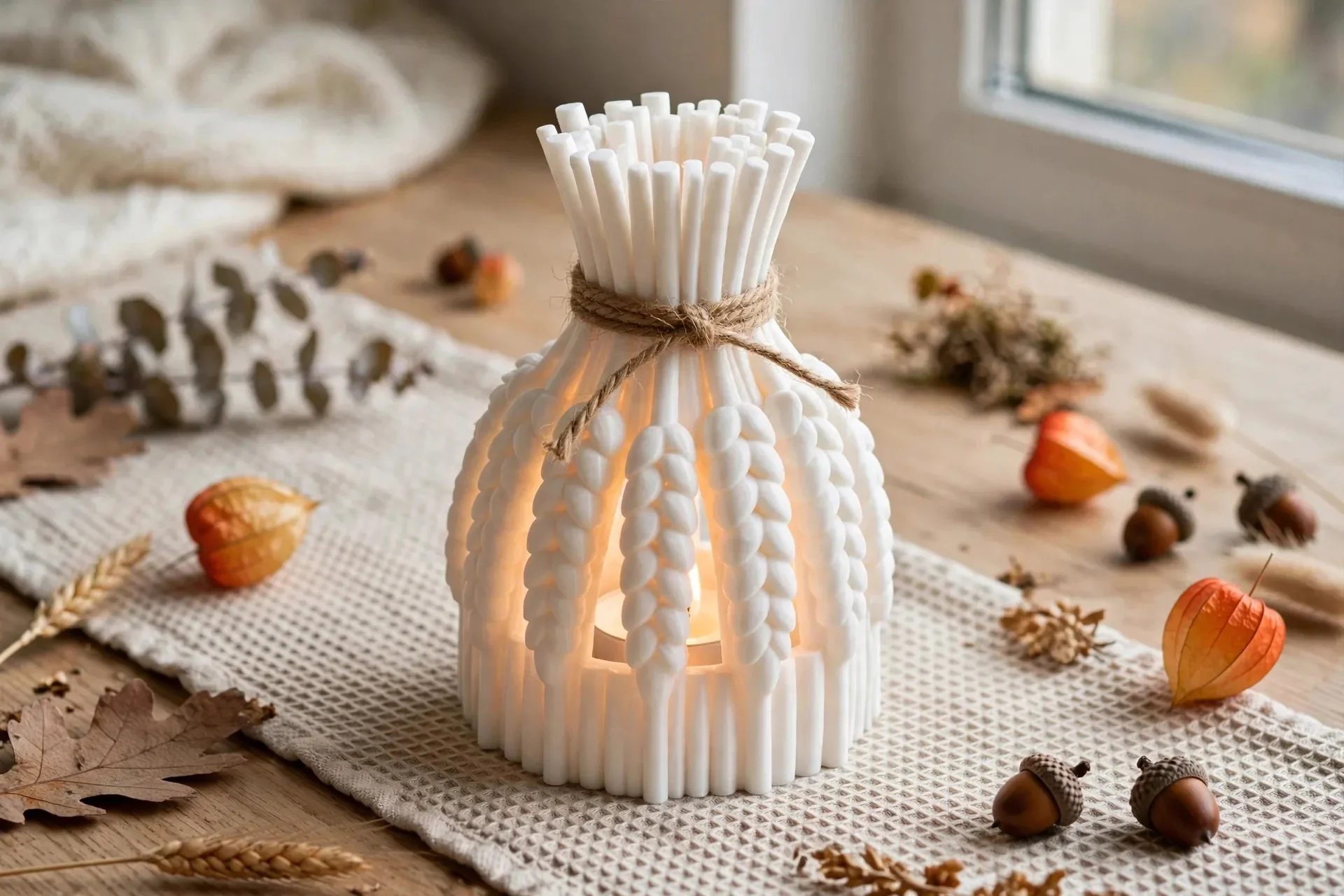 3D Baskı Buğday Demeti Tealight Mumluk Jüt İpli Dekoratif Sonbahar Hasat Feneri Şamdan Masa Süsü