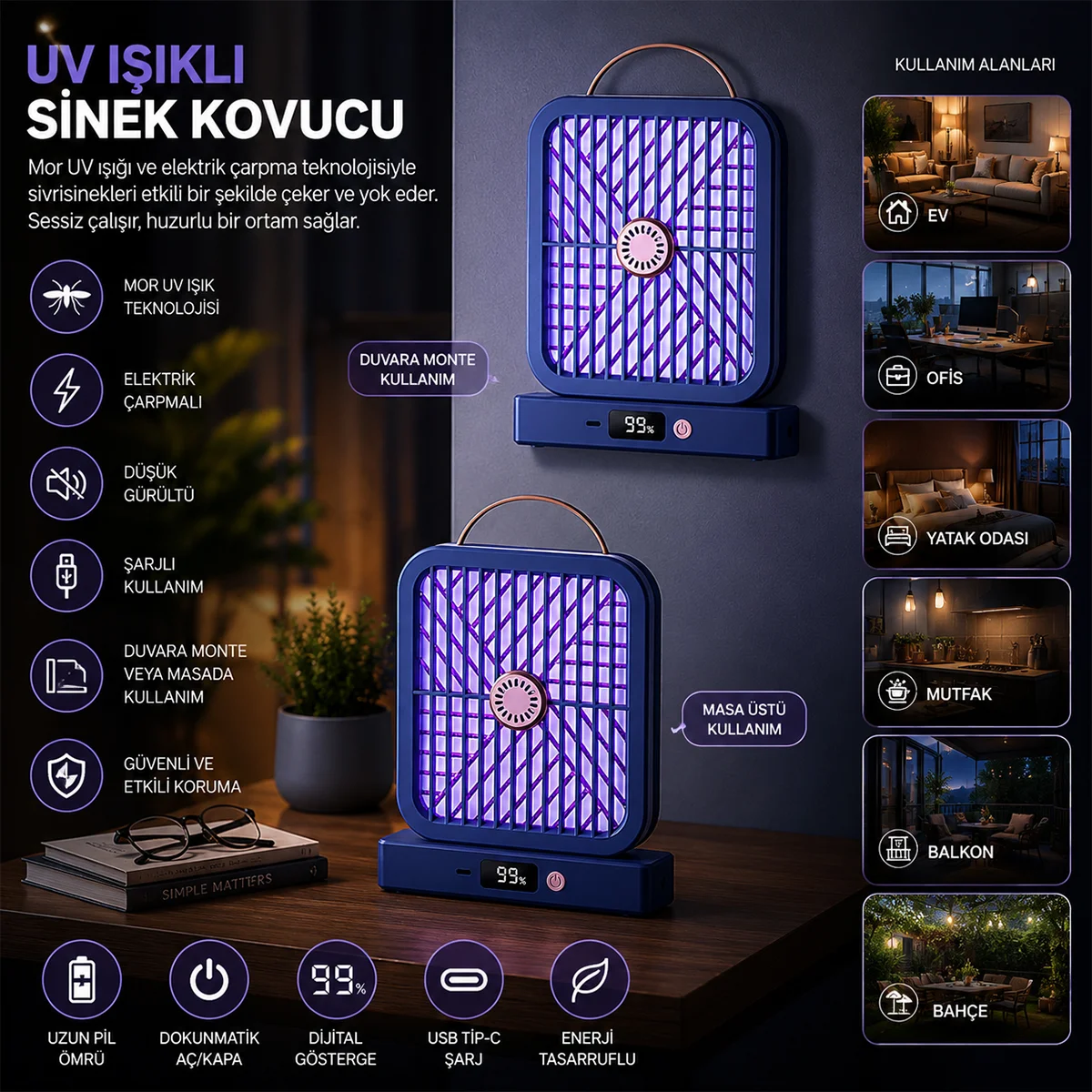 USB Şarjlı UV Işıklı Elektrikli Sinek Kovucu görsel 3