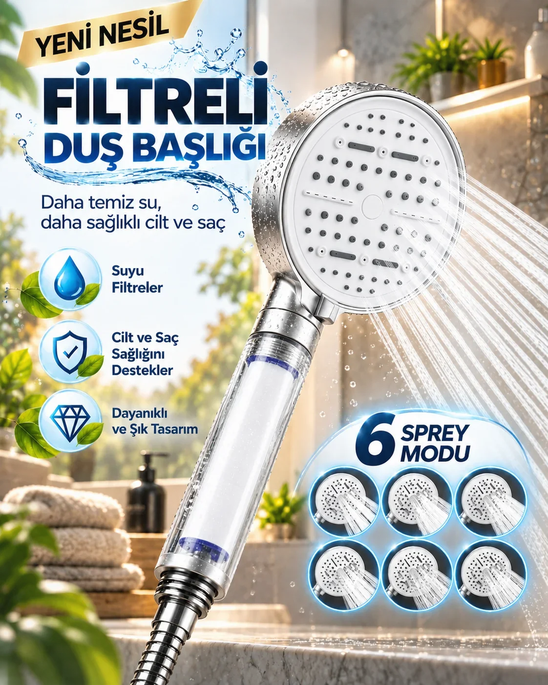 6 Sprey Modlu Filtreli Duş Başlığı Büyük Su Paneli Silikon Nozullu Beyaz Modern Tasarım