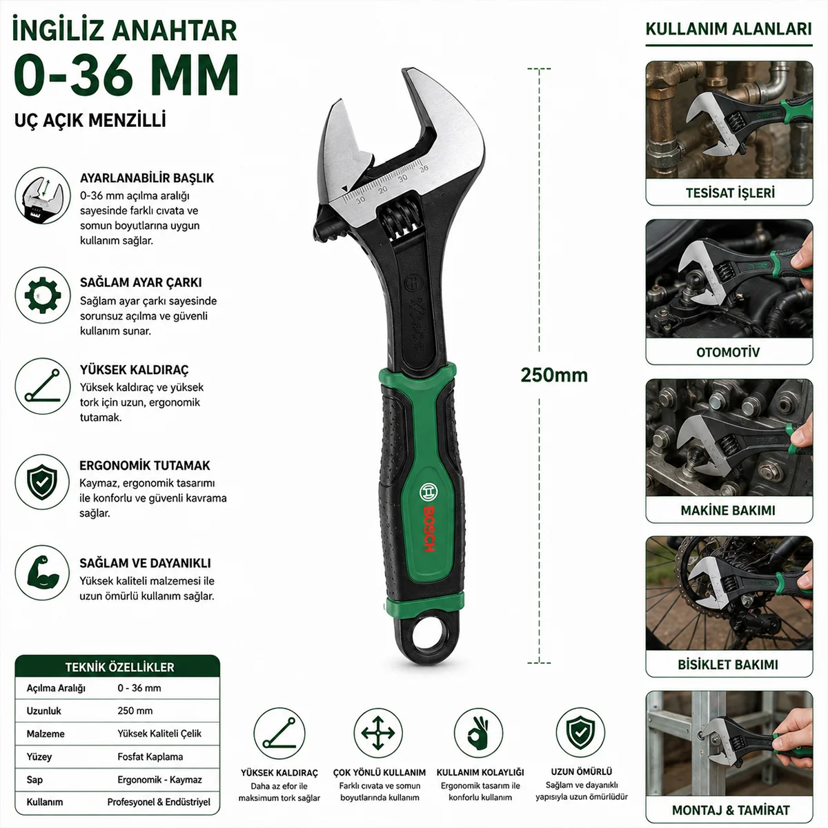 10 inç (250 mm) İngiliz Anahtarı ve Kurbağacık 6 Parça Set görsel 2