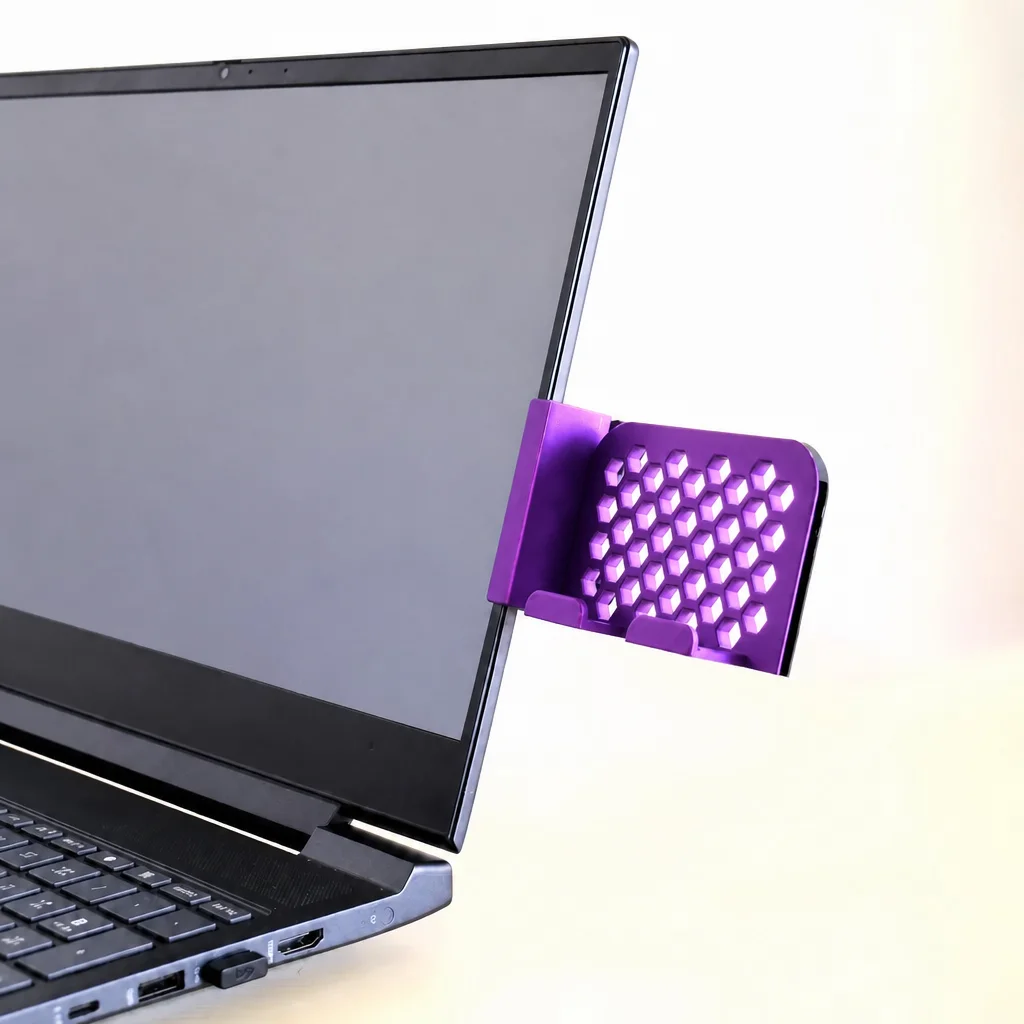 3D Baskı Monitor Telefon Tutucu - Petek Desenli Laptop Kenar Telefon Tutucu-Mor görsel 2