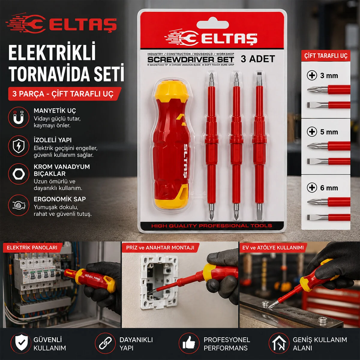 3PCS - Çift Taraflı Uç 3MM-5MM-6MM Ergonok Sap Elektrikli Tornavida Seti LRD-144 görsel 2