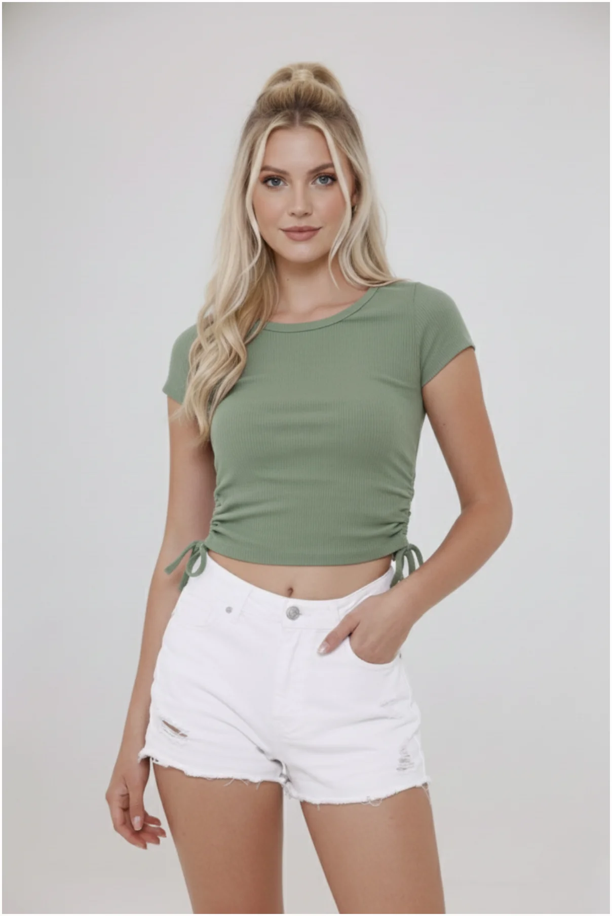 Kadın Pamuklu Fitilli Kısa Kol Tişört T-Shirt görsel 4