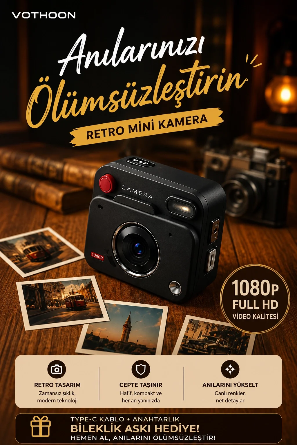 Nostaljik Tasarımı Retro Görünüm Kare ni Foto Video Kamera 1080P Full HD 32GB Kart Hediyeli görsel 2