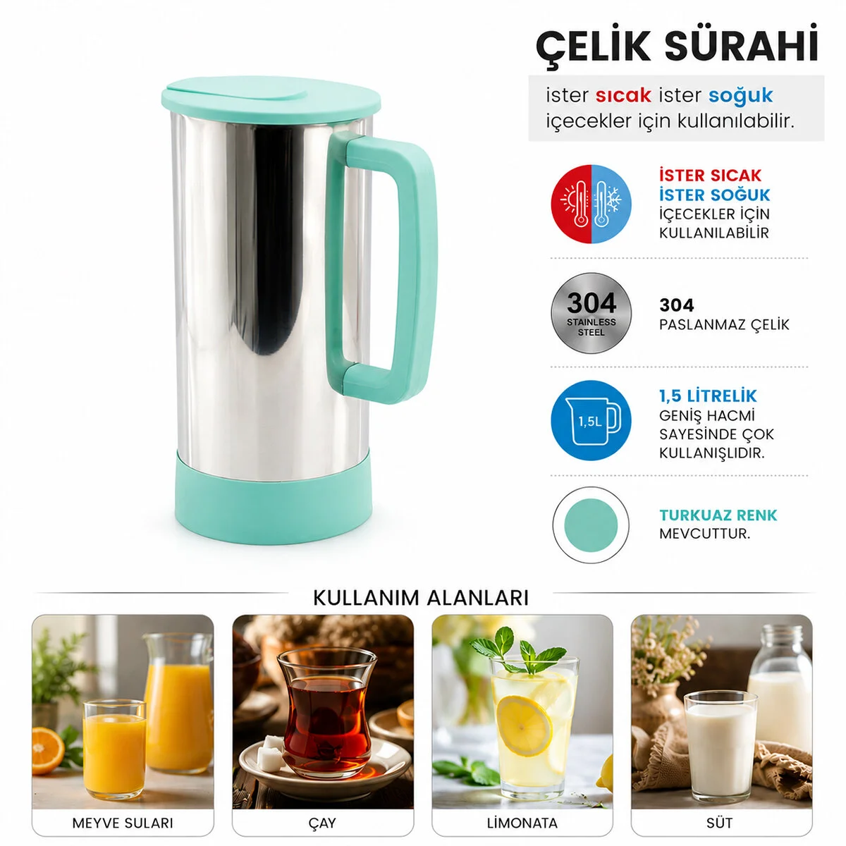 Turkuaz - Paslanmaz Çelik Sıcak - Soğuk Çelik Sürahi