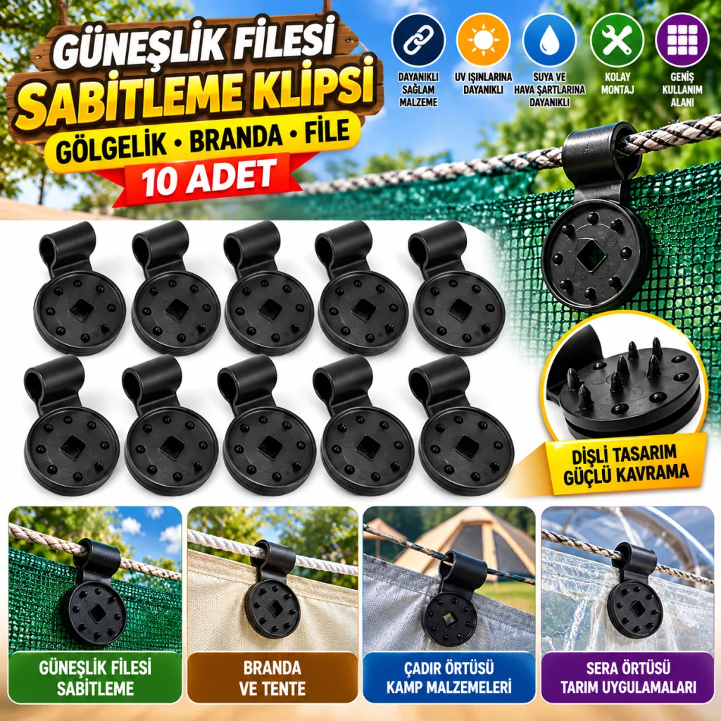 10 Adet Güneşlik Filesi Sabitleme Klipsleri, Gölgelik Bezi ve Brandalar İçin Dayanıklı Plastik Kelepçe Kancaları