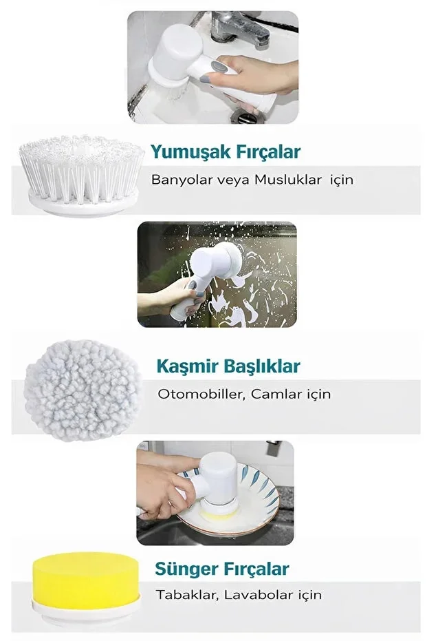Şarjlı Elektrikli Temizlik Fırçası Mutfak Banyo Lavabo ve Küvet İçin Çok Amaçlı Döner Fırça görsel 3