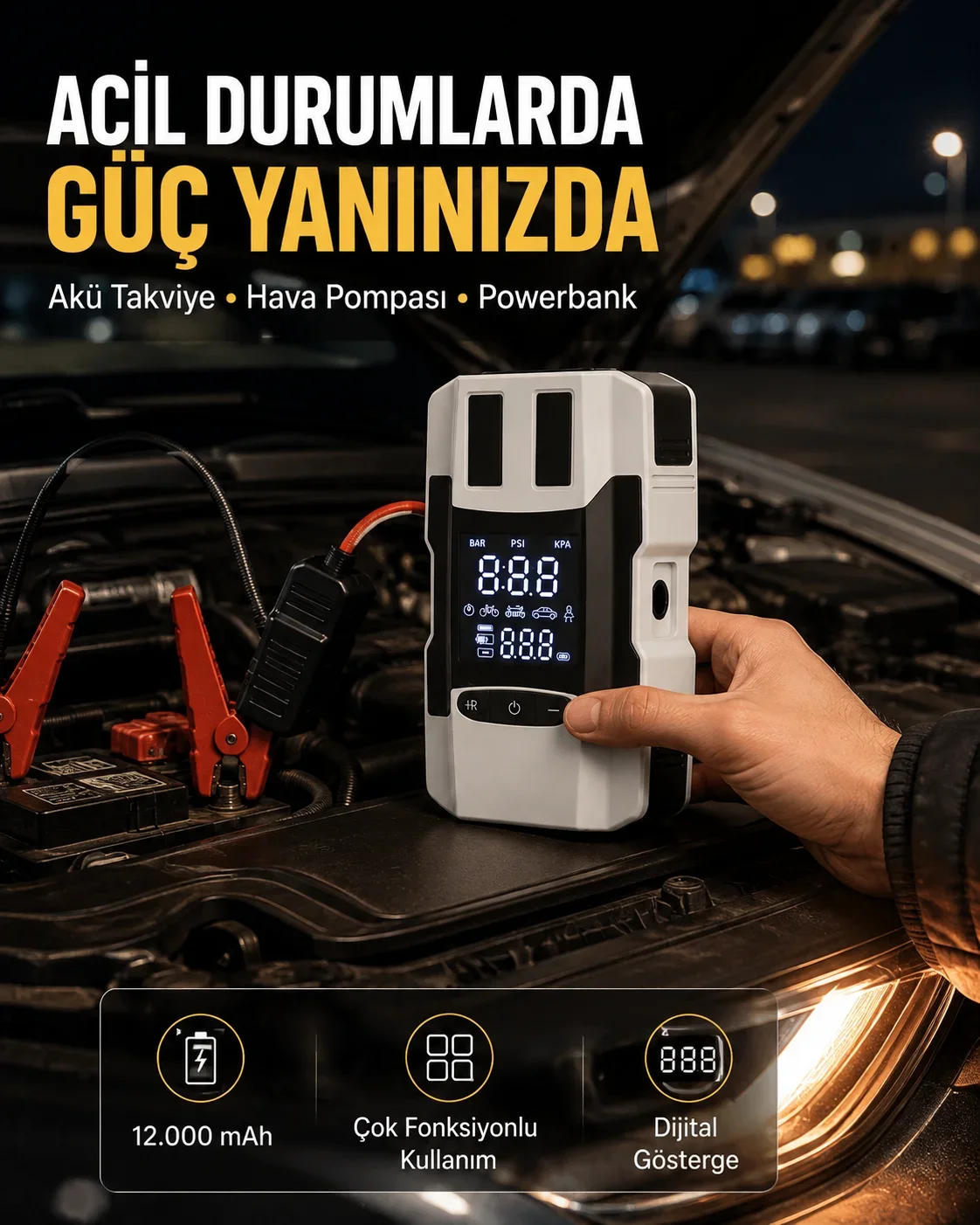 Dijital Ekranlı Araç Pompası Akü Takviye Powerbank 12.000 mAh Yeni Nesil