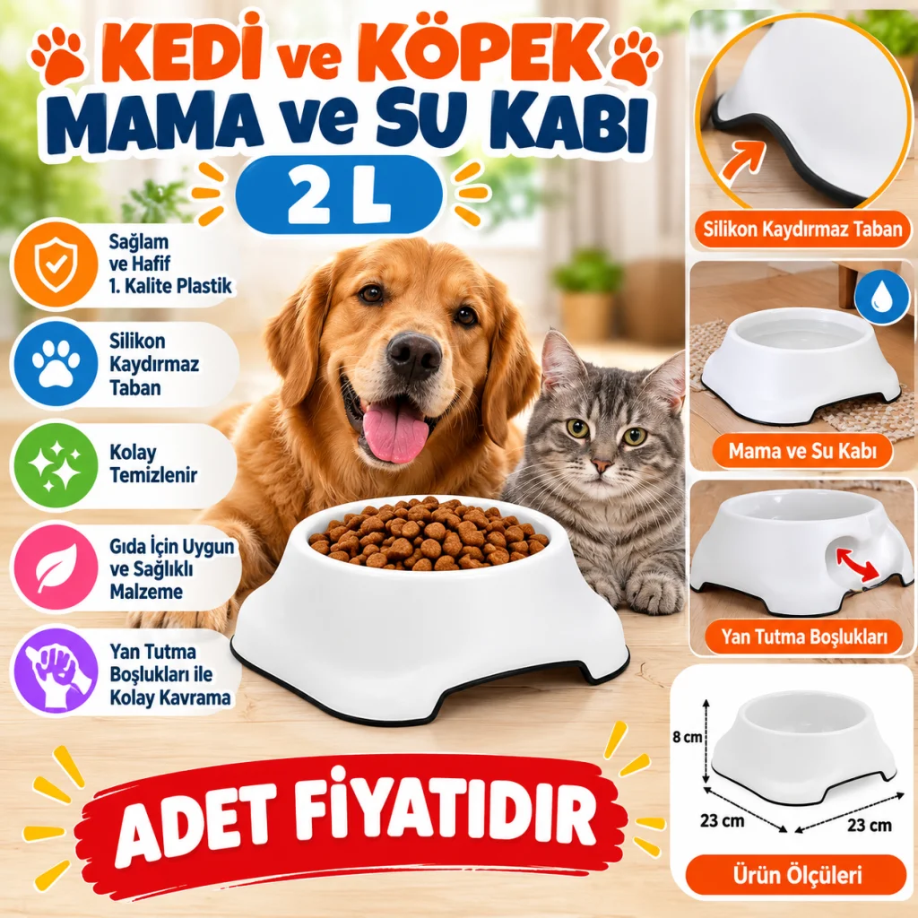 Silikon Kaydırmaz Taban Plastik Kedi ve Köpek Mama ve Su Kabı 2 L (adet fiyatıdır)