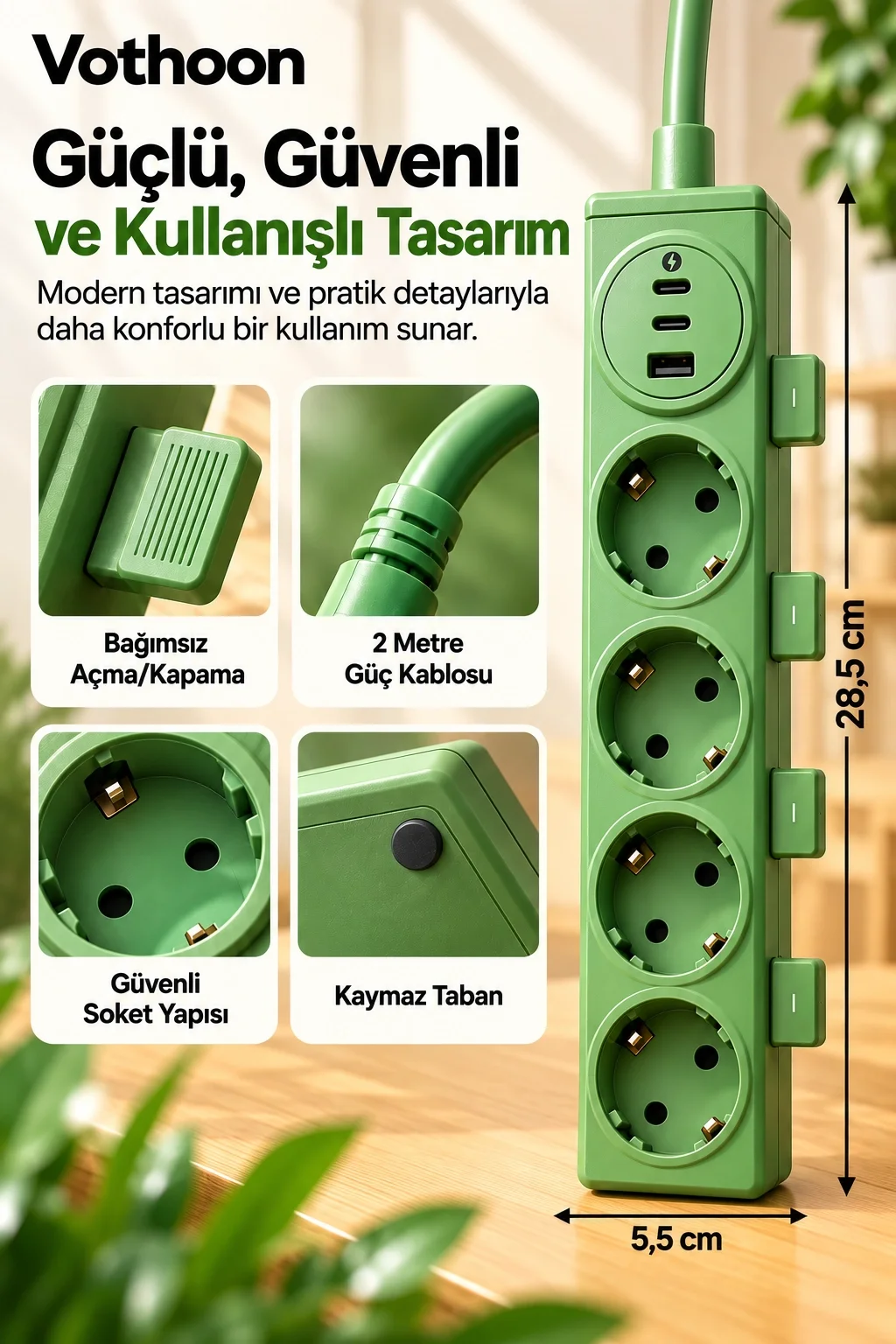 Vothoon 4’lü Akıllı Priz Tek Dokunuşla Fiş Çıkarma 2 Metre Kablo 2 Type-C + USB 15W Hızlı Şarj 3680W görsel 4