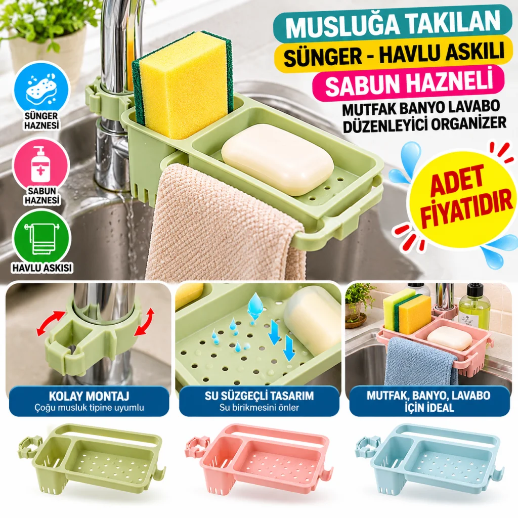 Musluğa Takılan Sünger Havlu Askılı Sabun Hazneli mutfak Banyo Lavabo Düzenleyici Organizer (adet fiyatıdır)