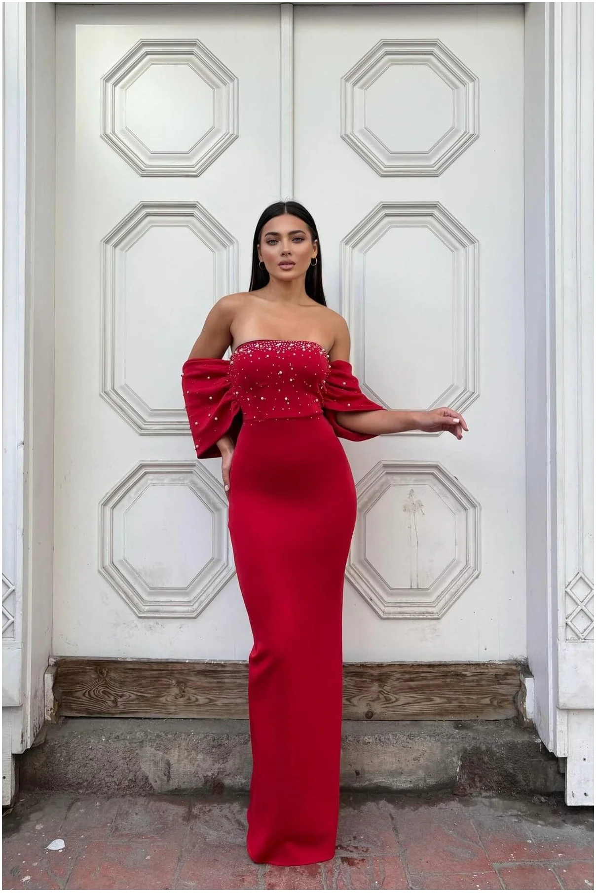 Kadın Trend Model Esnek Tül Kumaş Straplez Abiye Elbise görsel 4