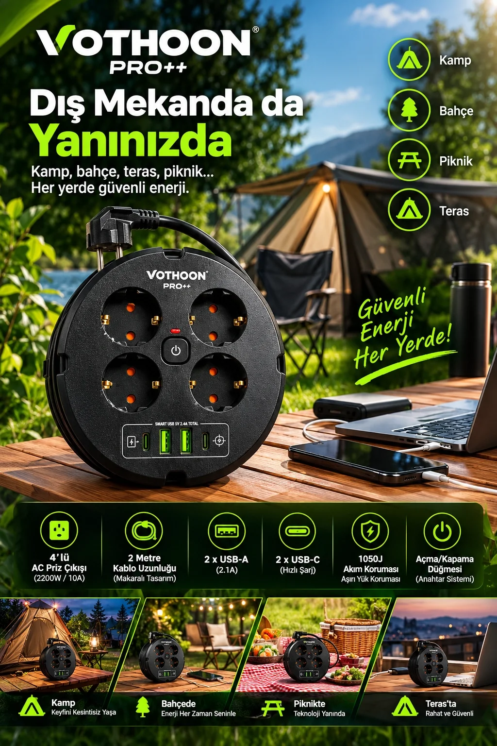4’lü Priz Makarası 2 Metre Kablolu, 2 USB-A + 2 USB-C Şarj Çıkışlı, Açma/Kapama Düğmeli, 2200W 10A görsel 4