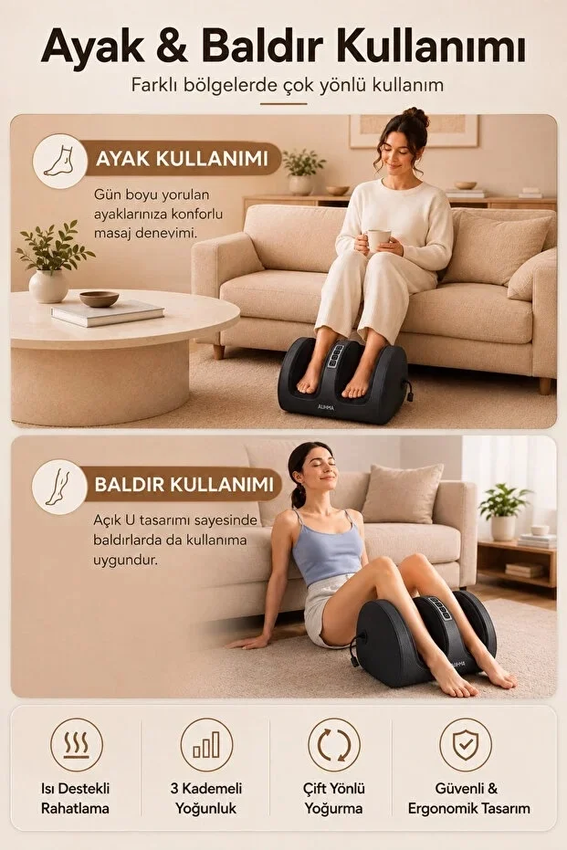 Şarjlı Isıtmalı Ayak ve Bacak Masaj Aleti Sıcak Kompresli 3 Kademeli Çift Yönlü Yoğurma Type-C görsel 5