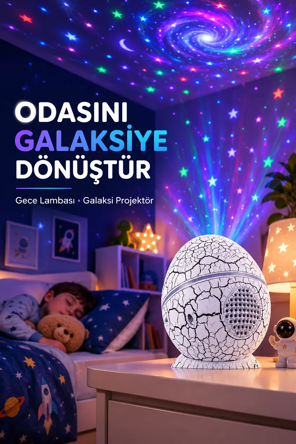 Dinozor Yumurtası Galaksi Projektör Gece Lambası 4'ü 1 Arada – Bluetooth Hoparlörlü