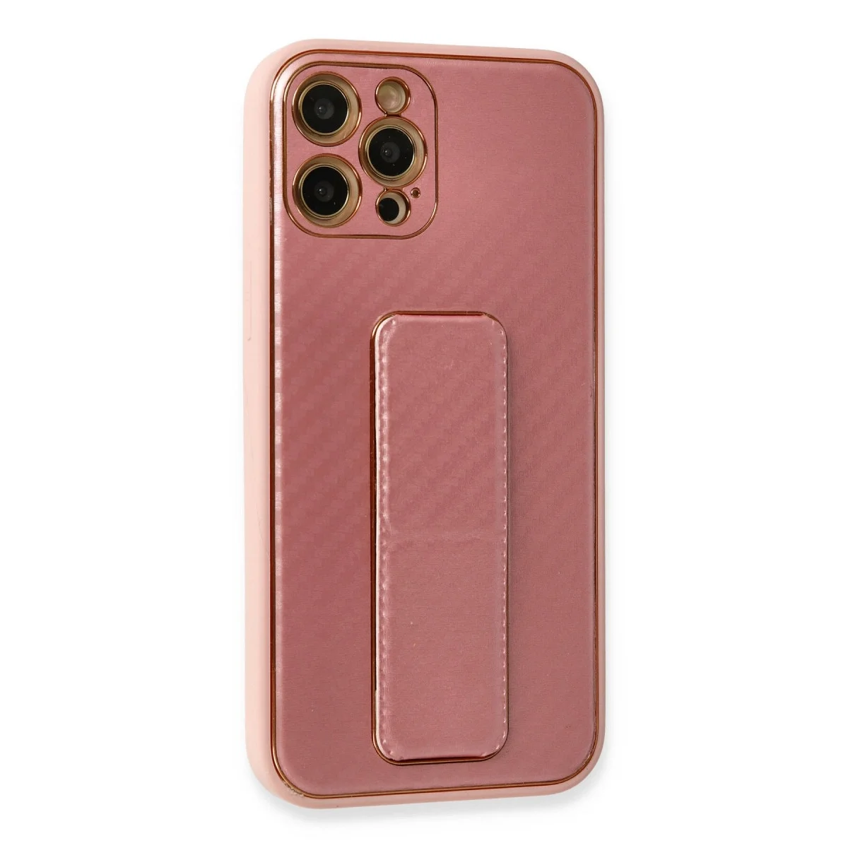Apple İphone 12 Pro Kılıf Coco Karbon Standlı Kapak - Pembe görsel 2
