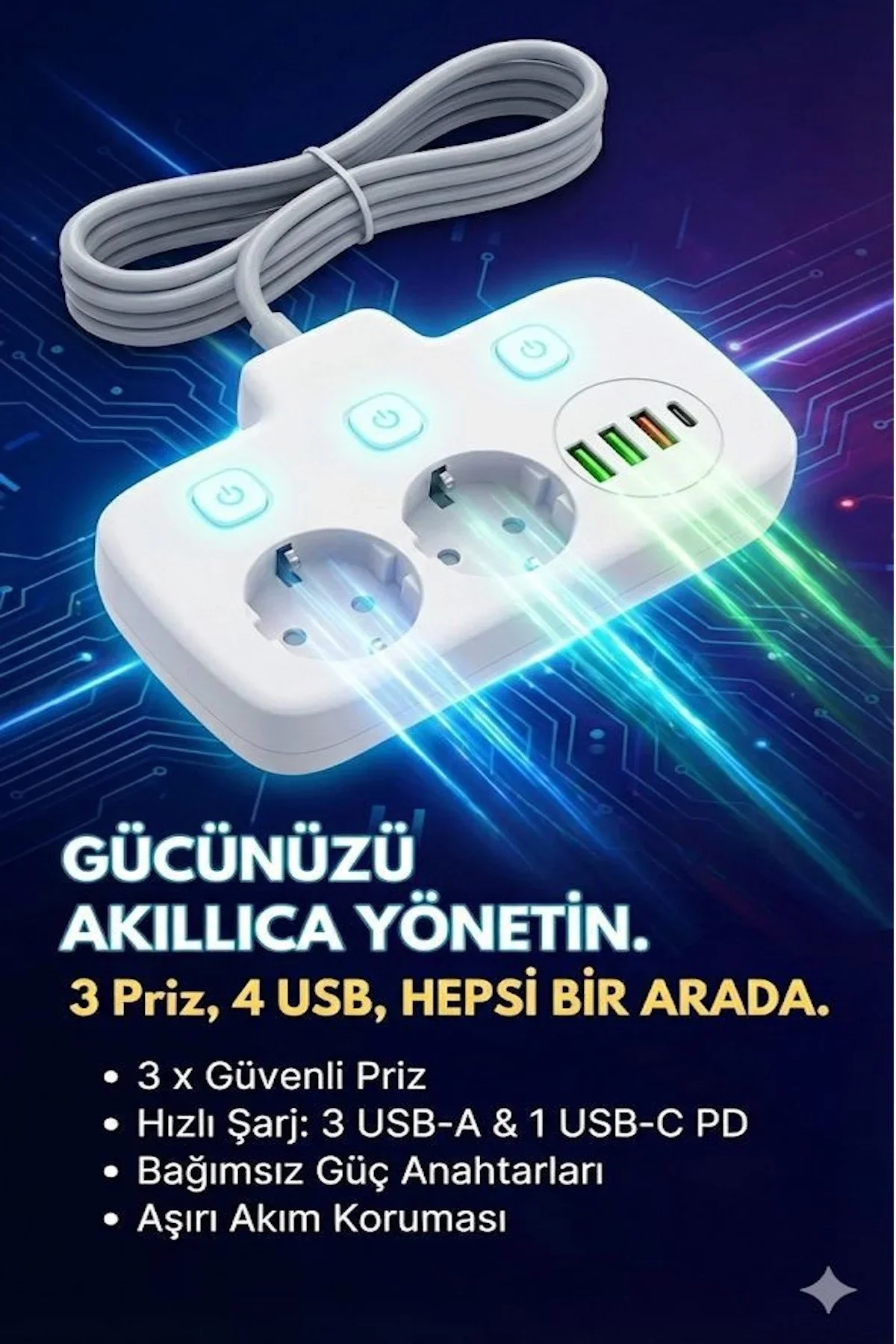 Akım Korumalı 2500W Güçlü 3 USB + Type-C Portlu Çoklu Priz | Hızlı Şarj, Çocuk Kilidi, 2 METRE görsel 4