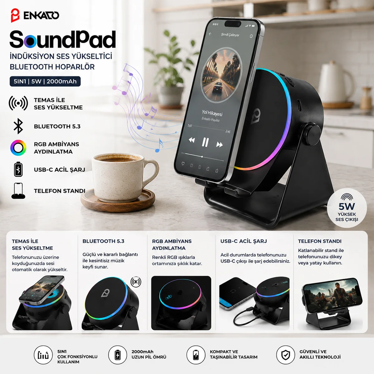 Bluetooth Soundpad Hoparlör 5W 2000mAh (Telefon Standı, USB-C) görsel 6