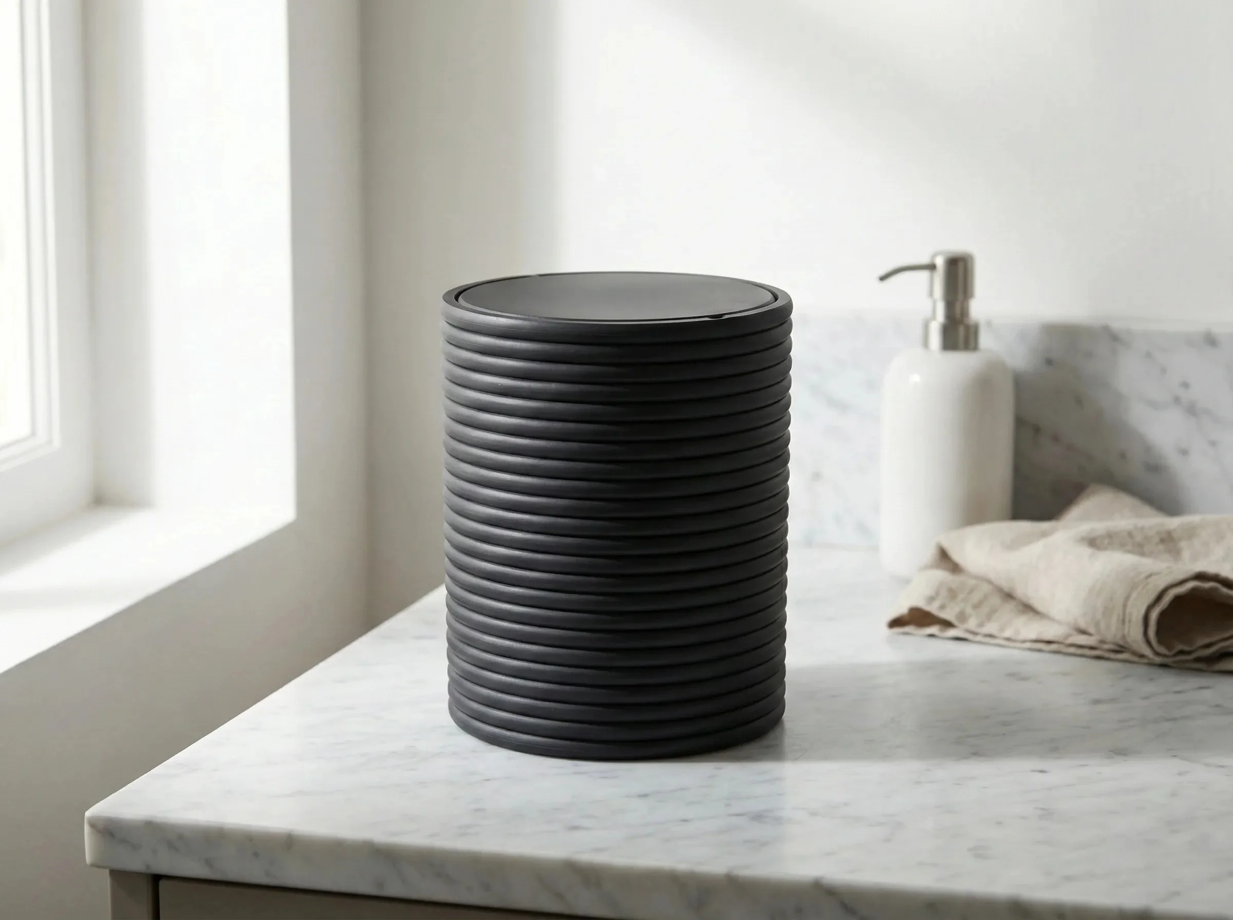 3D Baskı Mini Yivli Çöp Kutusu Sallanır Kapaklı Masaüstü Banyo Makyaj Masası Kovası 12x9 cm Antrasit görsel 2
