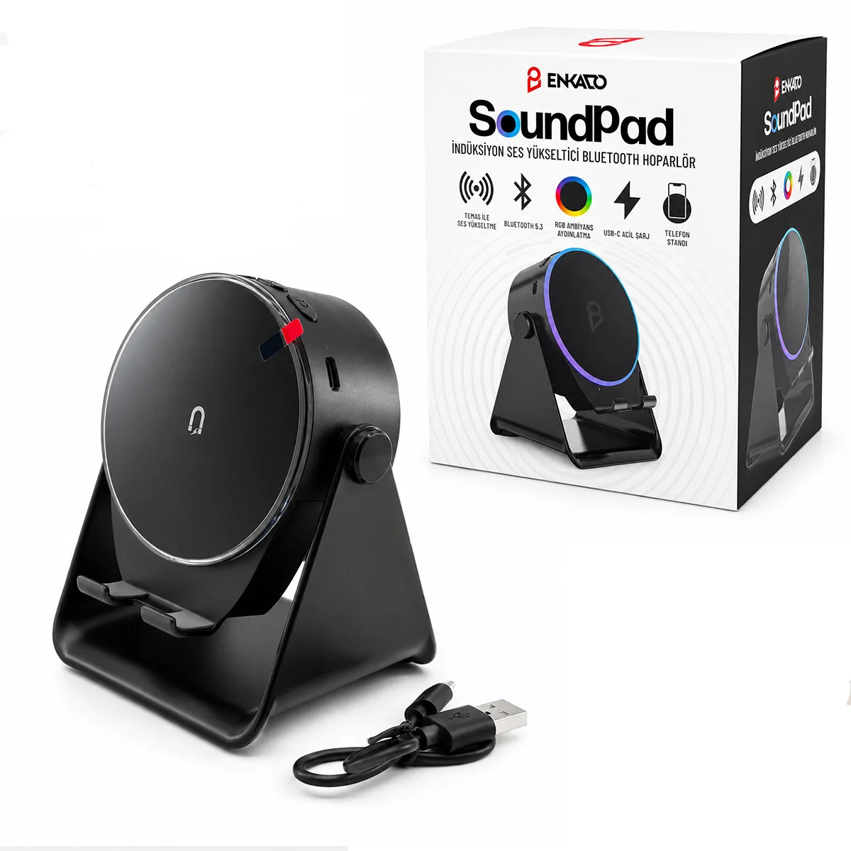 SOUNDPAD 5IN1 - 5W - 2000mAh TEMAS İLE SES YÜKSELTME - TELEFON STAND - USB-C ŞARJ SİYAH İNDİKSİYON SES YÜKSELTİCİ BLUETOOTH HOPARLÖR SPEAKER EKD-S10