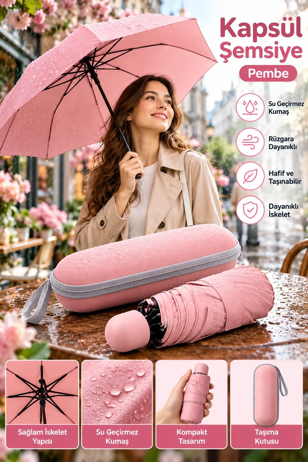 Günlük Kullanım İçin Pembe Kapsül Şemsiye Kompakt Tasarım Kolay Taşıma Özelliği