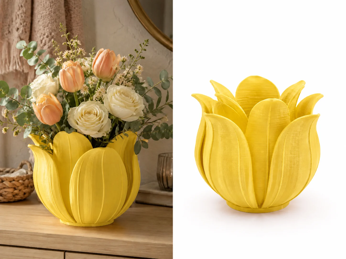 3D Baskı Lotus Yapraklı Vazo - Dekoratif Çiçeklik-Sarı