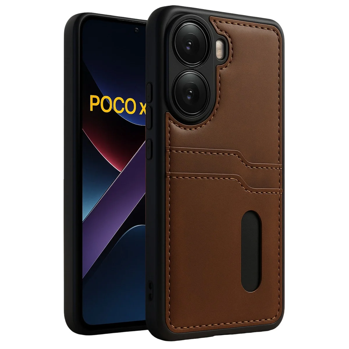 Xiao Poco X7 Pro Kılıf Sara Kartvizitli Deri Kılıf - Taba