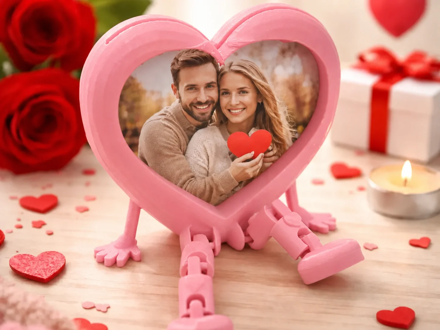 3D Baskı Aşk Kalpli Fotoğraf Çerçevesi - Hareketli Bacaklı Masaüstü Çerçeve-Pembe