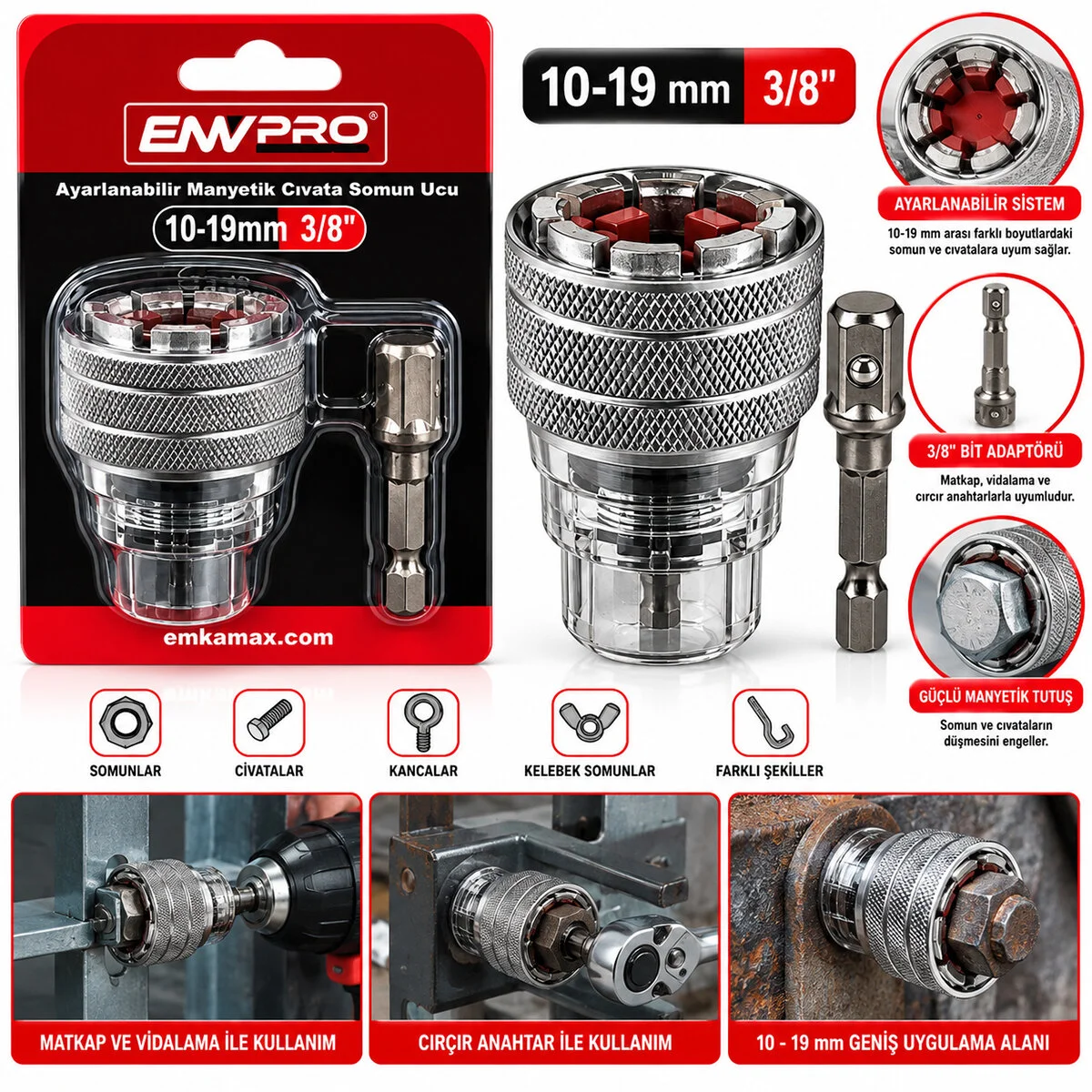Ayarlanabilir Manyetik Cıvata Somun Ucu 10-19MM 3/8 Inc - 3/4 Inc - 1/2 Inc görsel 2