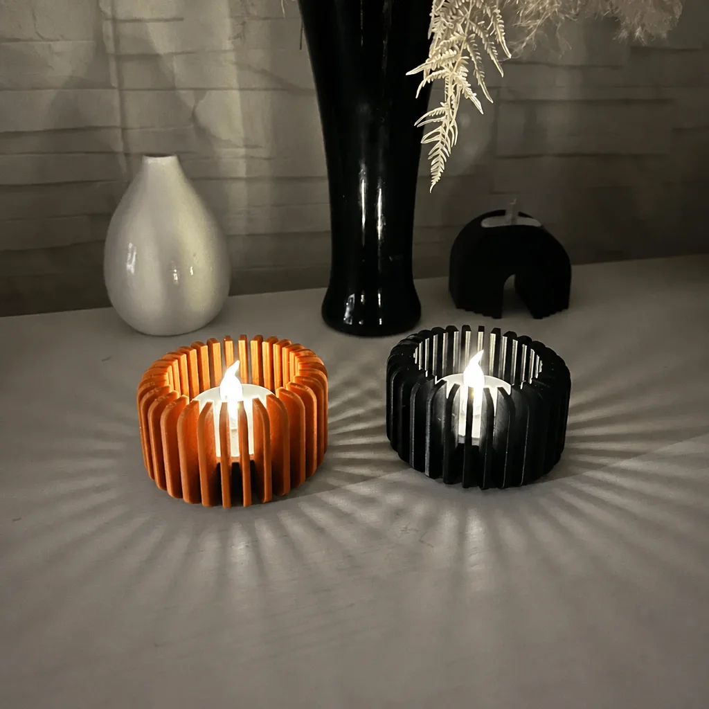 3D Baskı Modern Çizgili Mumluk - Tealight Mumluk (1 Adet)-Turuncu