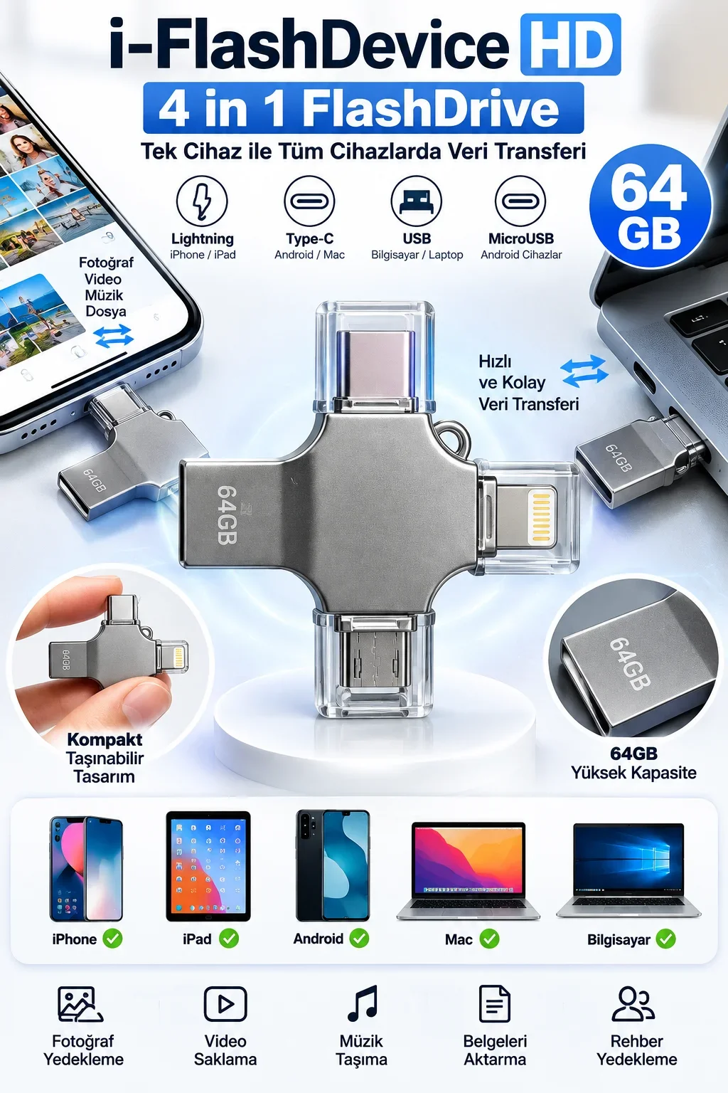 Tek Ürünle Birden Fazla Cihazda Kullanım Sunan 64GB Lightning Type C USB MicroUSB Girişli Flash Bellek görsel 2