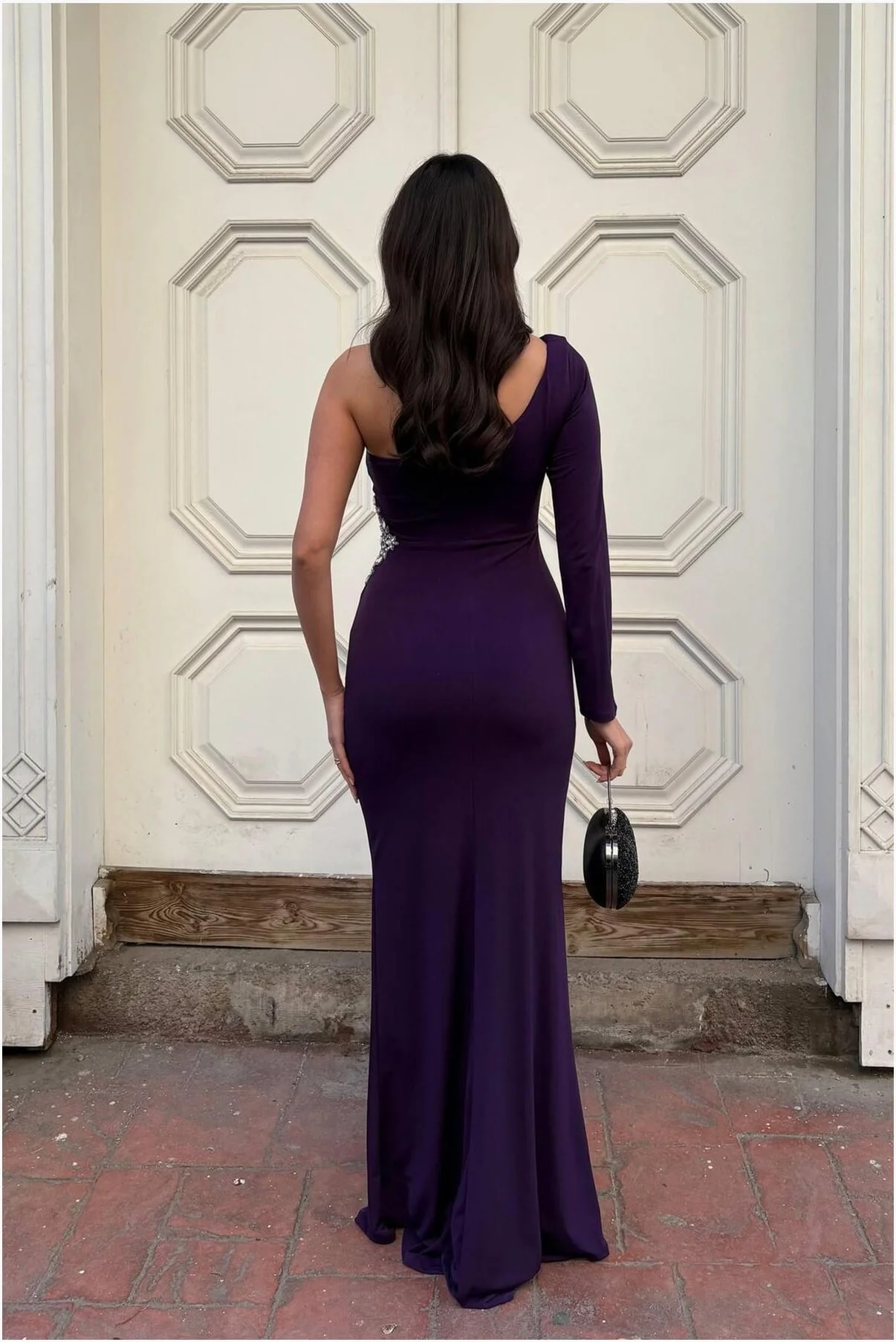 Kadın Trend Model Simli Kumaş Asimetrik Yaka Drapeli Tek Kollu Elbise görsel 2