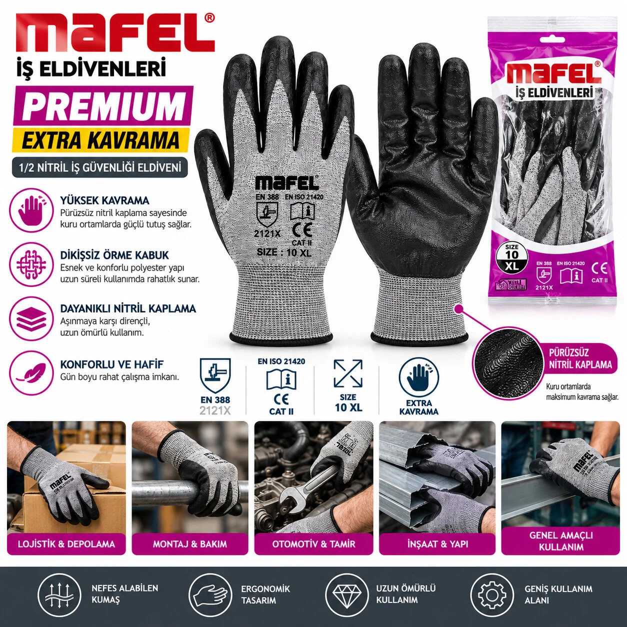 12 Adet Zebra Gri Siyah No 10 Xl Nitril İşçi Eldiven Poşetli Ambalaj Kesilme Direnç görsel 2