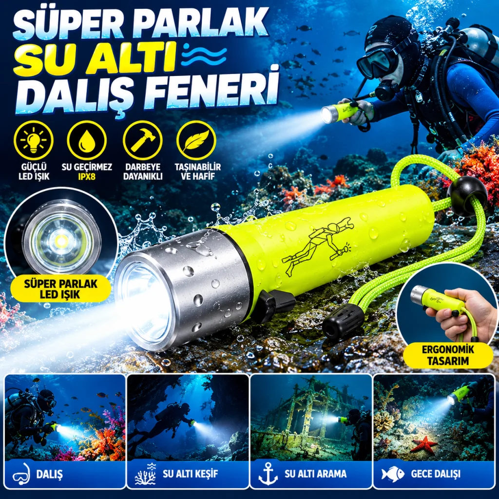 Süper Parlak LED Su Altı Dalış Feneri – Taşınabilir, Su Geçirmez ve Darbeye Dayanıklı El Feneri
