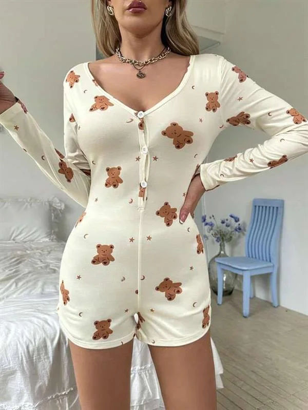 Pamuklu Ekru Ayıcık Desenli Düğmeli Tulum Pijama görseli