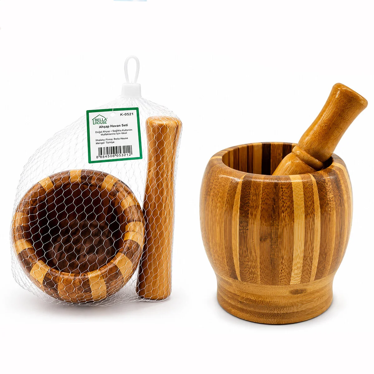 Ahşap Bambu - Çizgili Havan Sarımsak Dövecek Ç: 8CM--D: 7CM--Y:10.5CM Fileli Ambalaj